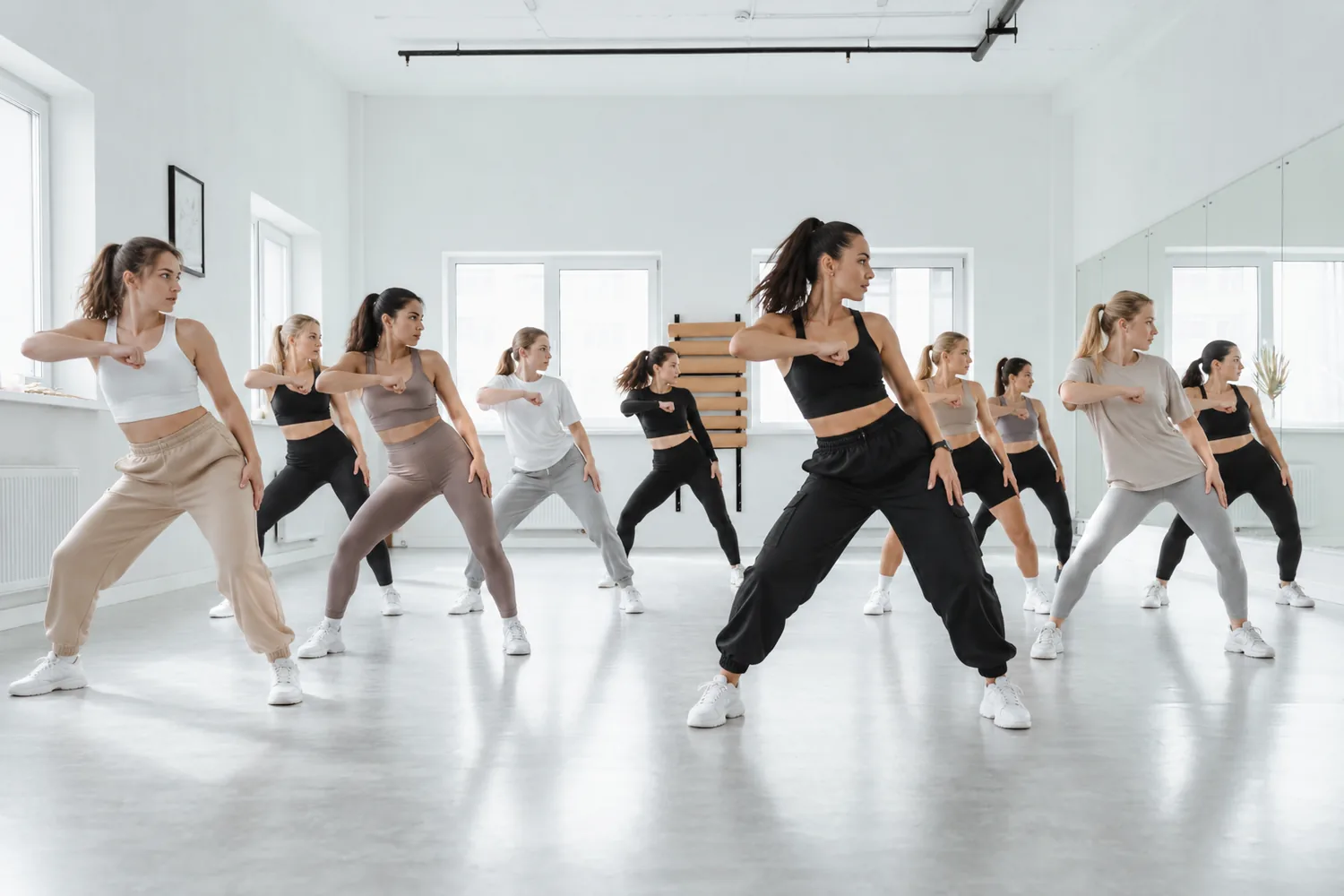 Un cours de danse en studio, une dizaine de participantes alignées sur le même pas, EVJF à Bordeaux