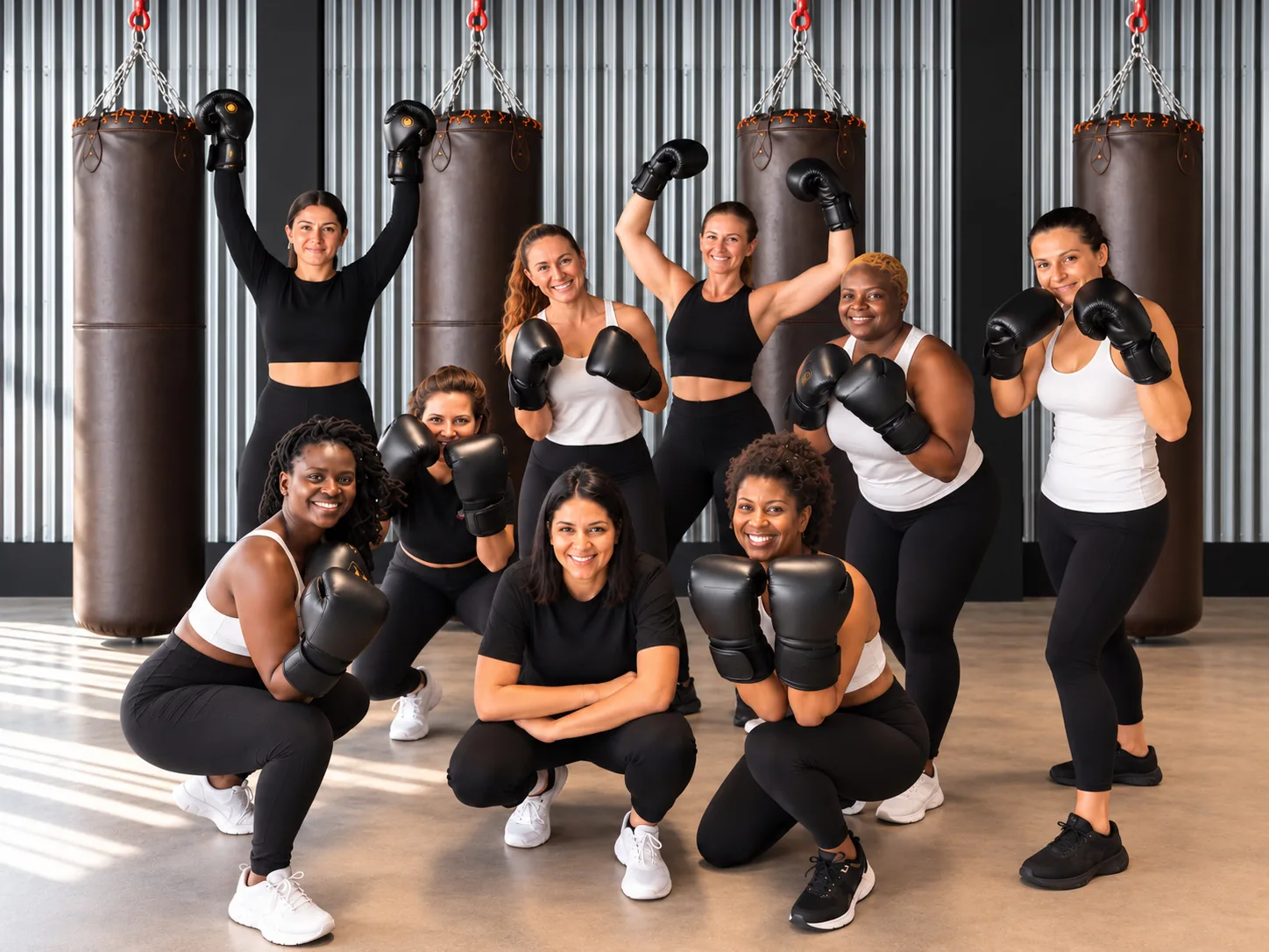 Neuf femmes en tenue de sport et gants de boxe posent en garde devant des sacs de frappe